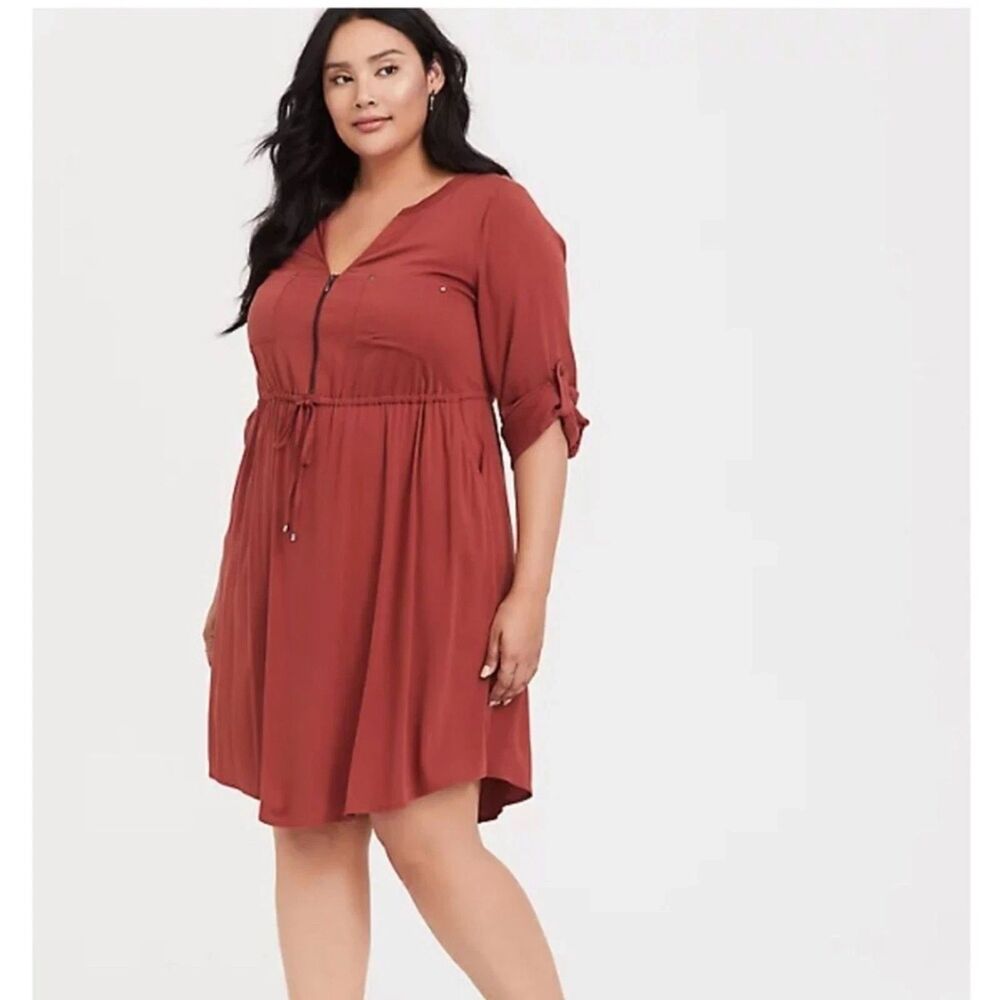 Torrid Zip Front Dress Size 3 Roll Tab Sleeve VNeck Casual Rust Red 0 NWOT
